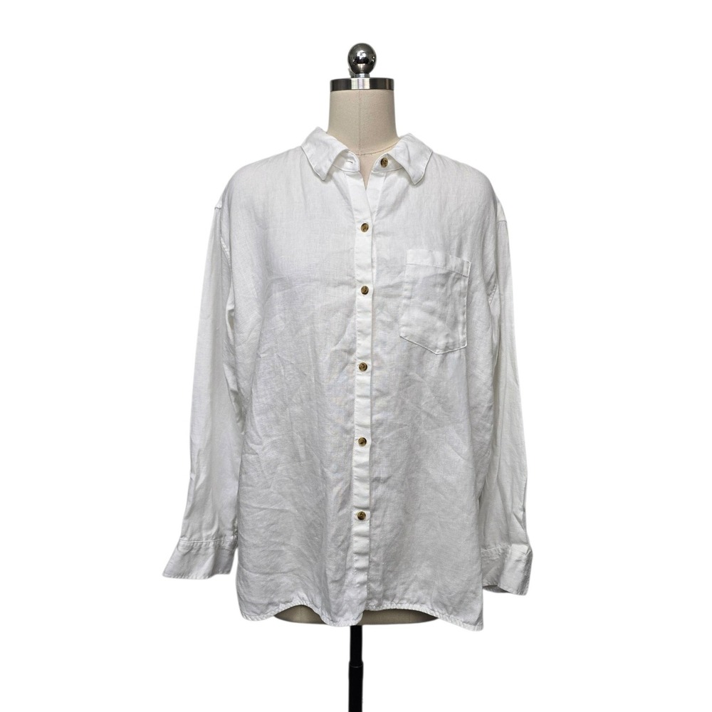 Athleta White Linen Button Down Shirt Long Sleeve Relaxed Fit  Size Small